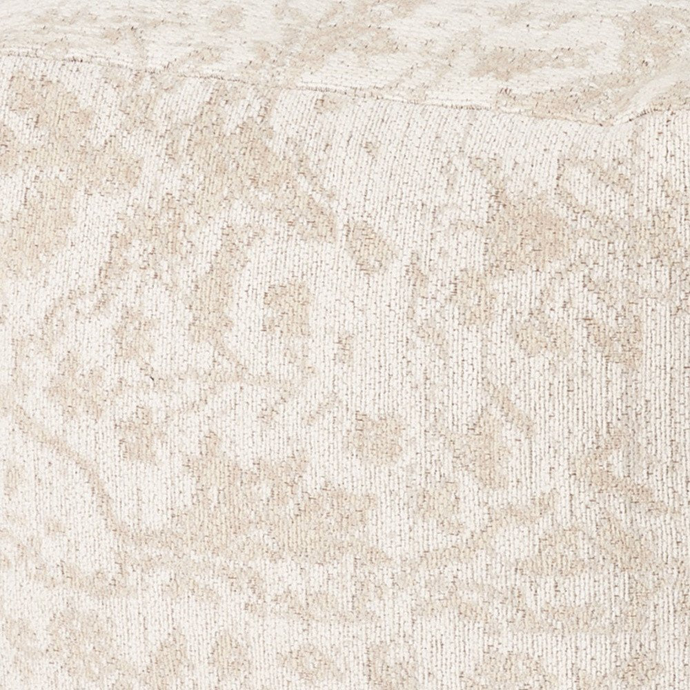 Cream and Beige Fabric Damask Pouf Ottoman - 18-inch