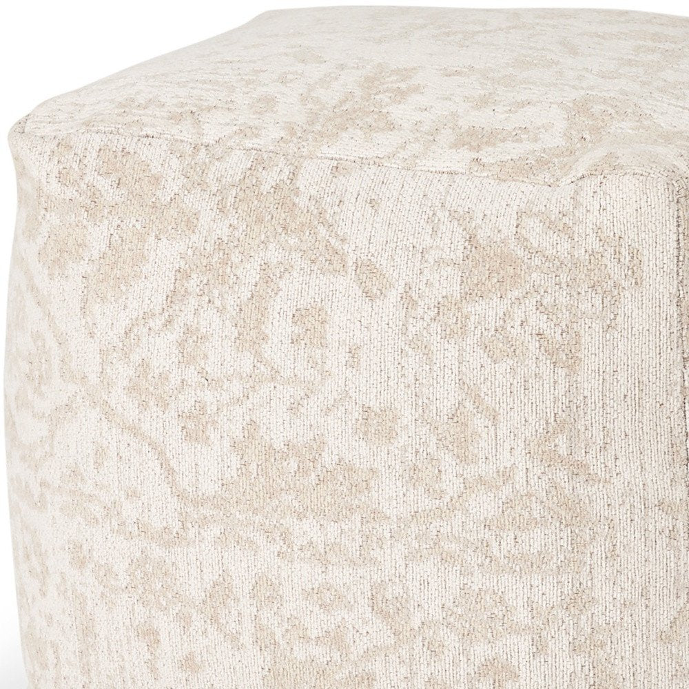 Cream and Beige Fabric Damask Pouf Ottoman - 18-inch