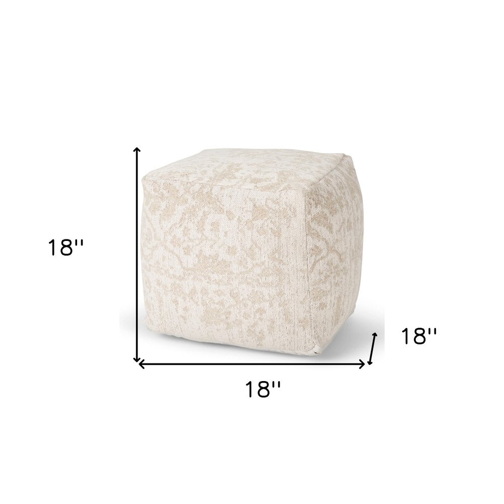 Cream and Beige Fabric Damask Pouf Ottoman - 18-inch