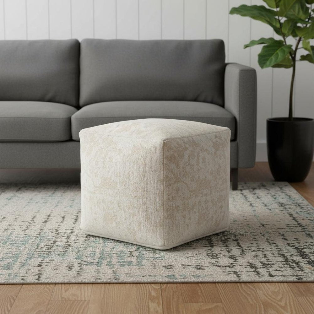Cream and Beige Fabric Damask Pouf Ottoman - 18-inch