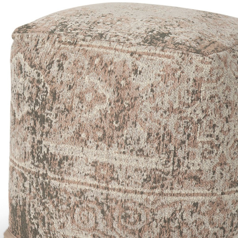 Beige and Taupe Chenille Geometric Cube Pouf Ottoman - 18-inch