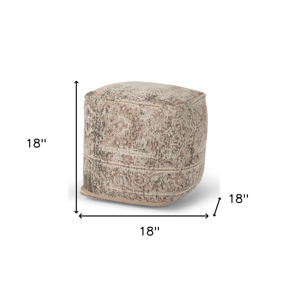 Beige and Taupe Chenille Geometric Cube Pouf Ottoman - 18-inch