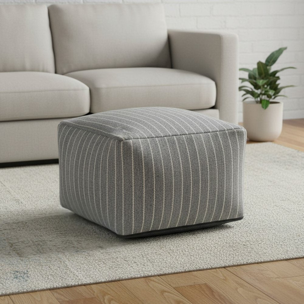 Blue and White Textural Stripe Cube Pouf Ottoman - 22-inch