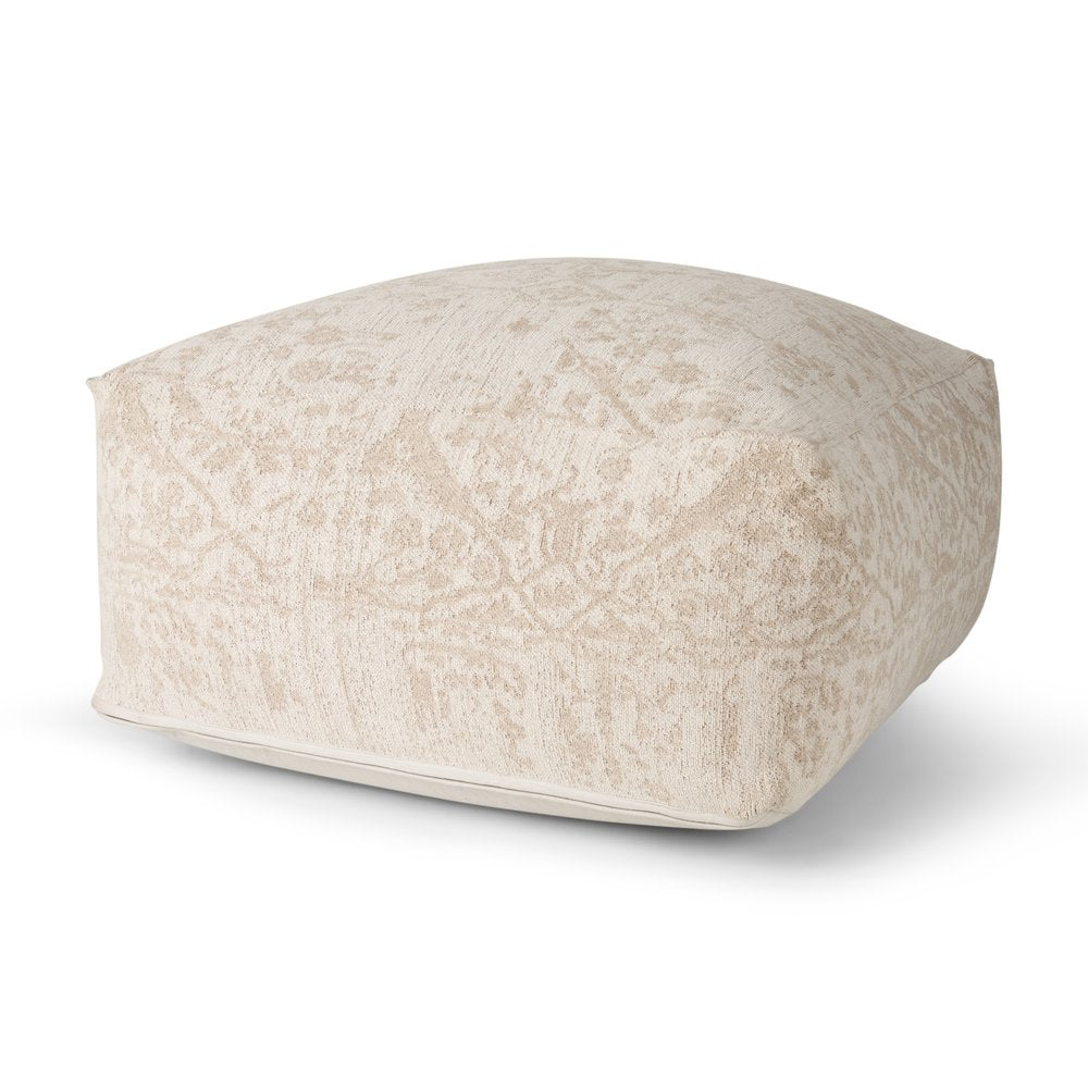 Beige and Cream Chenille Damask Pouf Ottoman - 36-inch