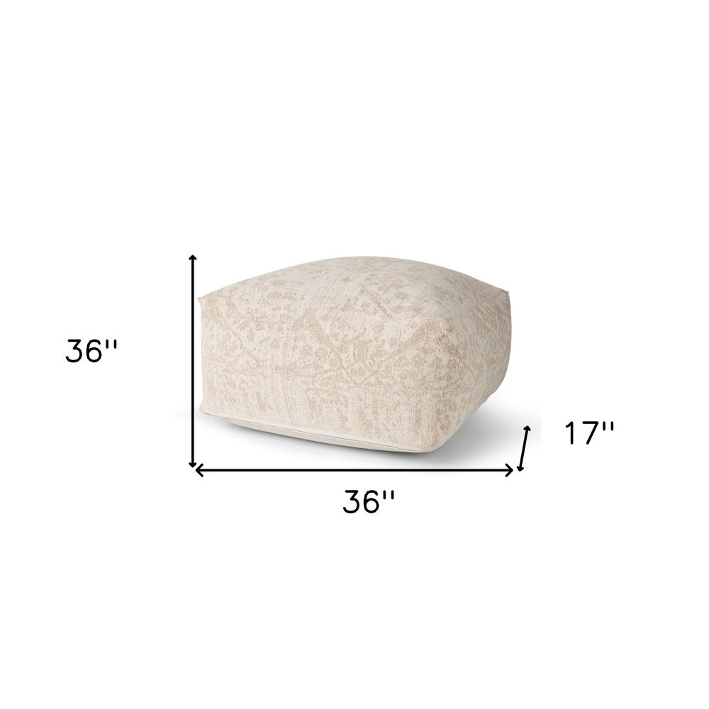 Beige and Cream Chenille Damask Pouf Ottoman - 36-inch