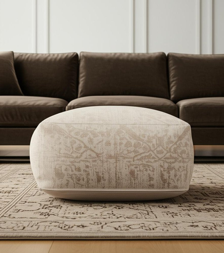 Beige and Cream Chenille Damask Pouf Ottoman - 36-inch