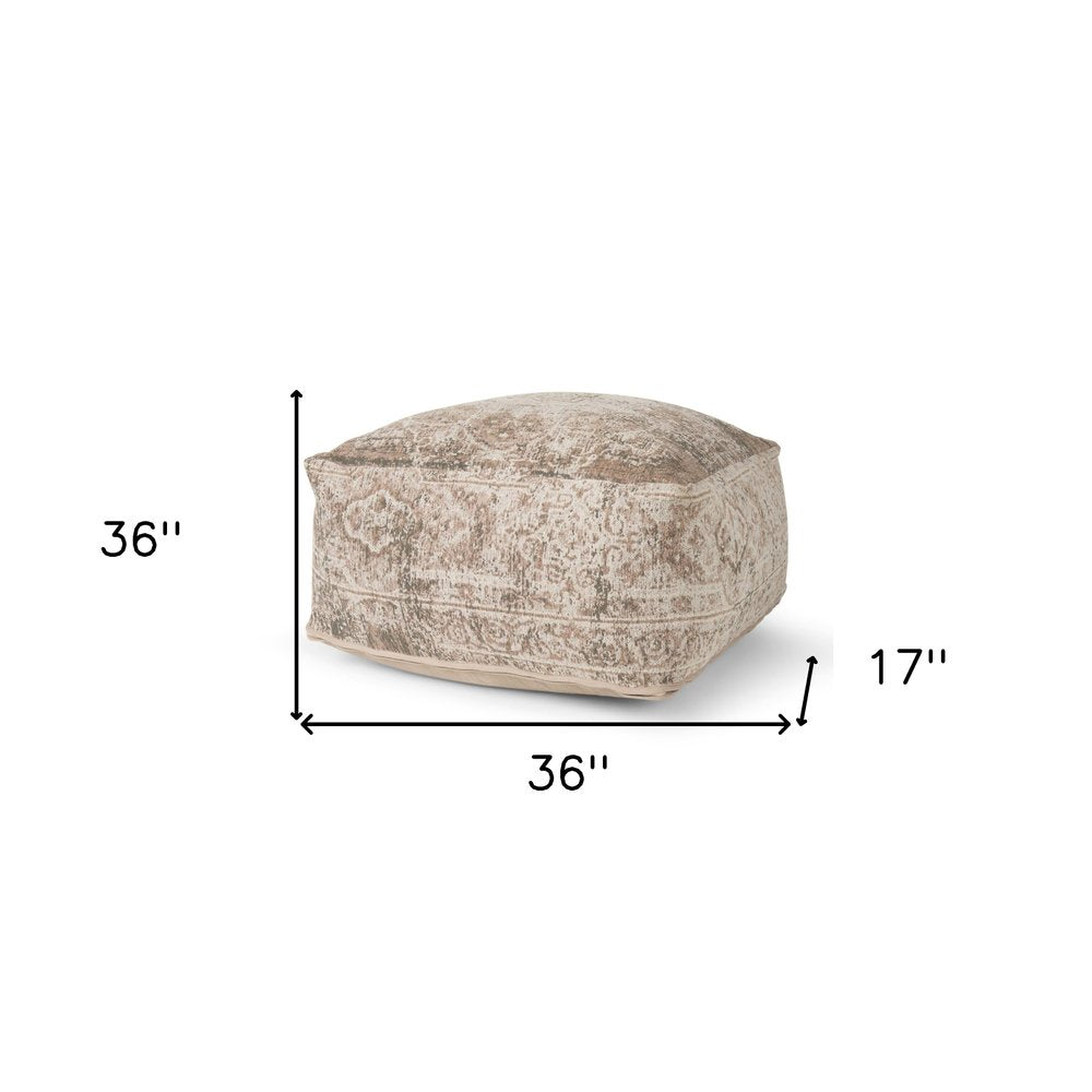 Beige and Taupe Chenille Damask Pouf Ottoman - 36-inch