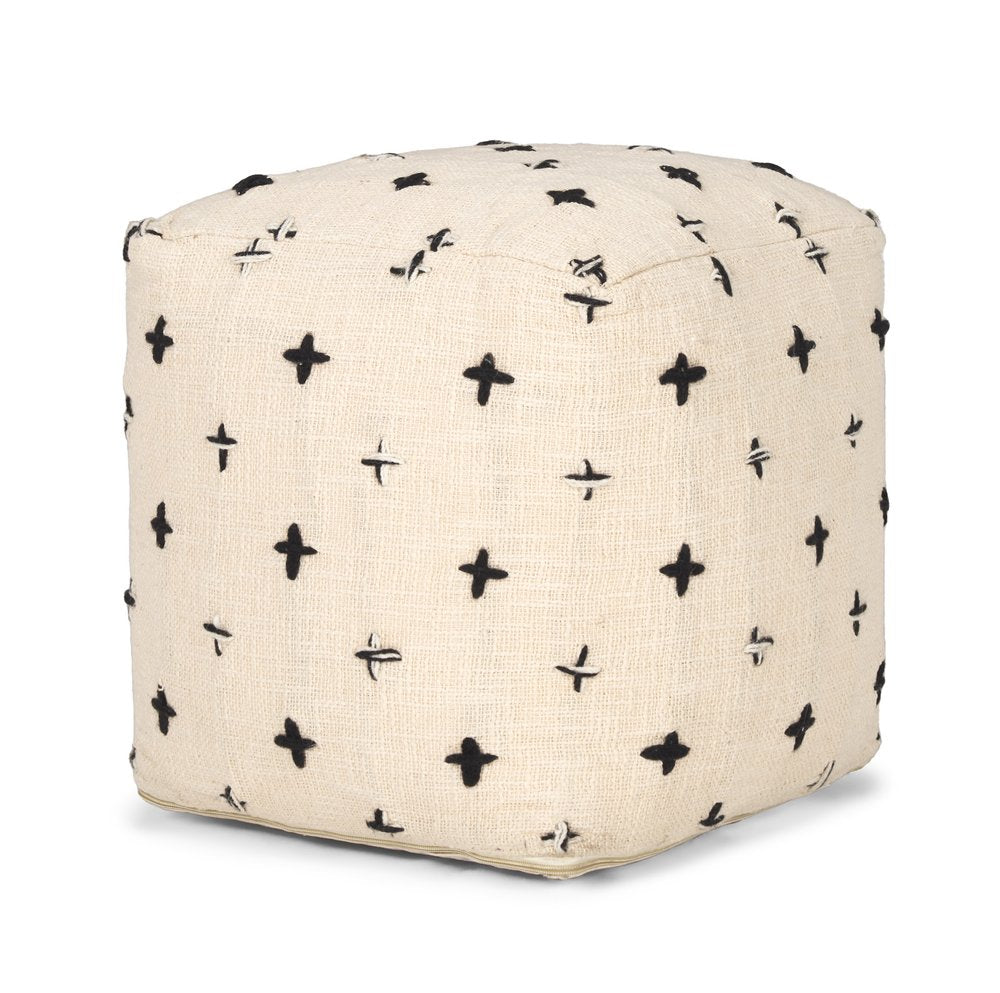 Cream and Black Wool Polka Dots Cube Pouf Ottoman - 16-inch