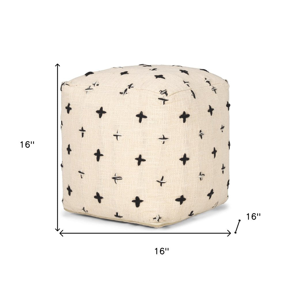 Cream and Black Wool Polka Dots Cube Pouf Ottoman - 16-inch