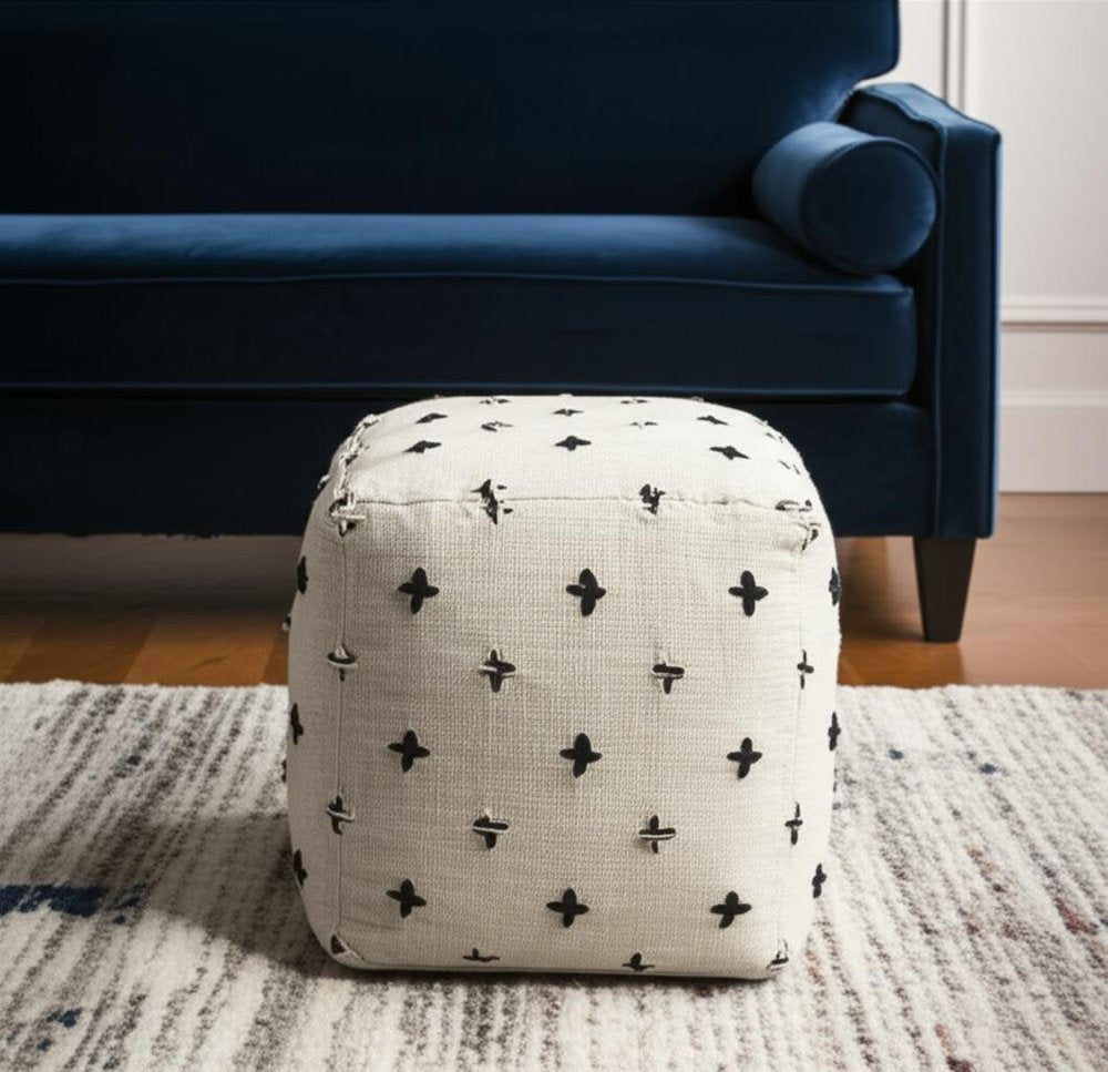 Cream and Black Wool Polka Dots Cube Pouf Ottoman - 16-inch