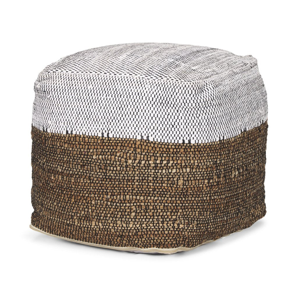 White Black and Natural Cotton and Jute Color Block Cube Pouf Ottoman
