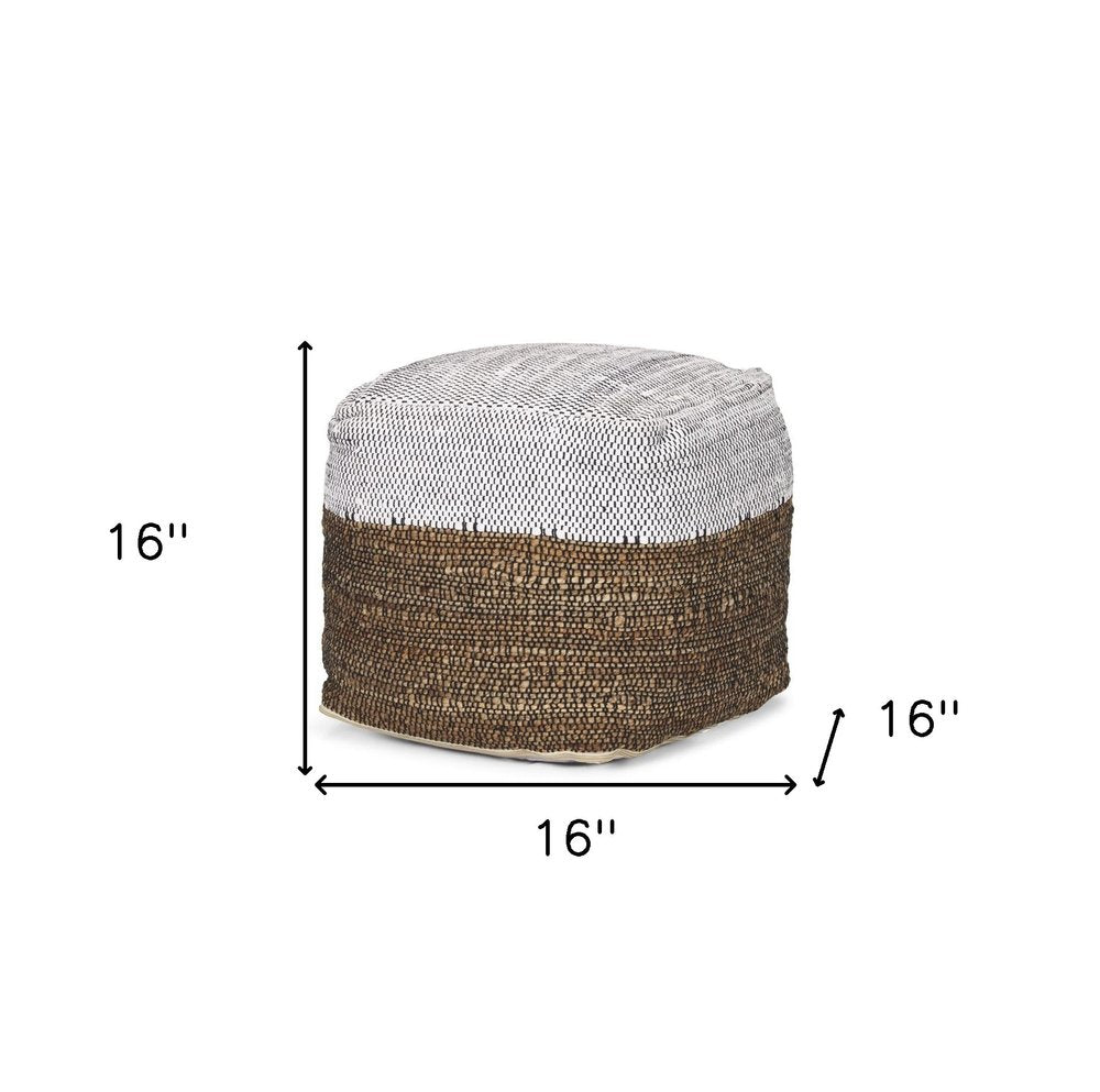 White Black and Natural Cotton and Jute Color Block Cube Pouf Ottoman