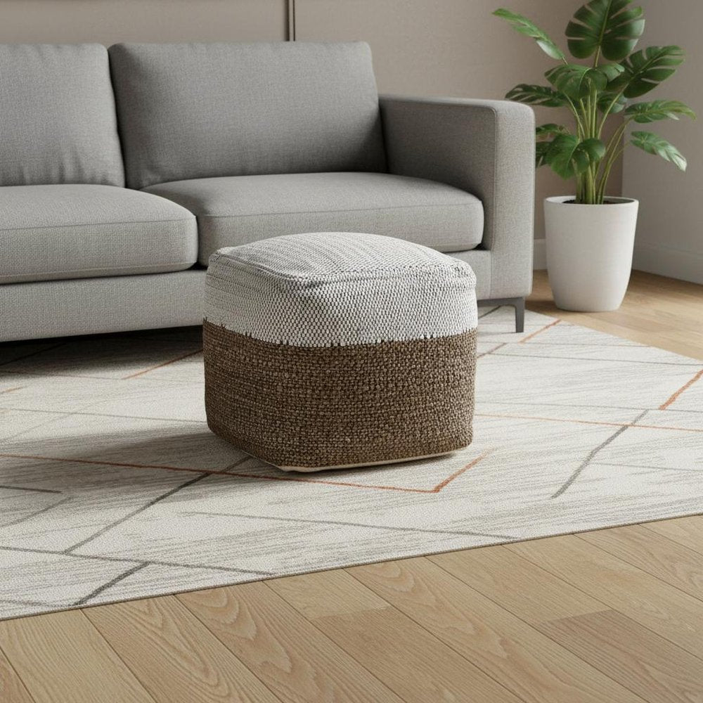 White Black and Natural Cotton and Jute Color Block Cube Pouf Ottoman