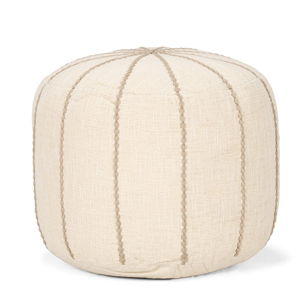 Beige and Taupe Fabric Striped Round Pouf Ottoman - 18-inch