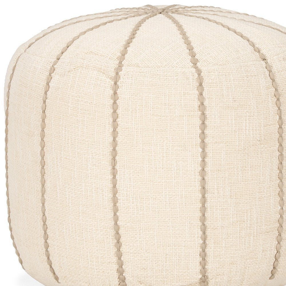 Beige and Taupe Fabric Striped Round Pouf Ottoman - 18-inch
