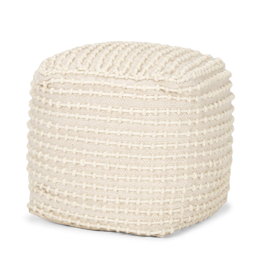 Beige and Cream Wool Striped Cube Pouf Ottoman - 16-inch