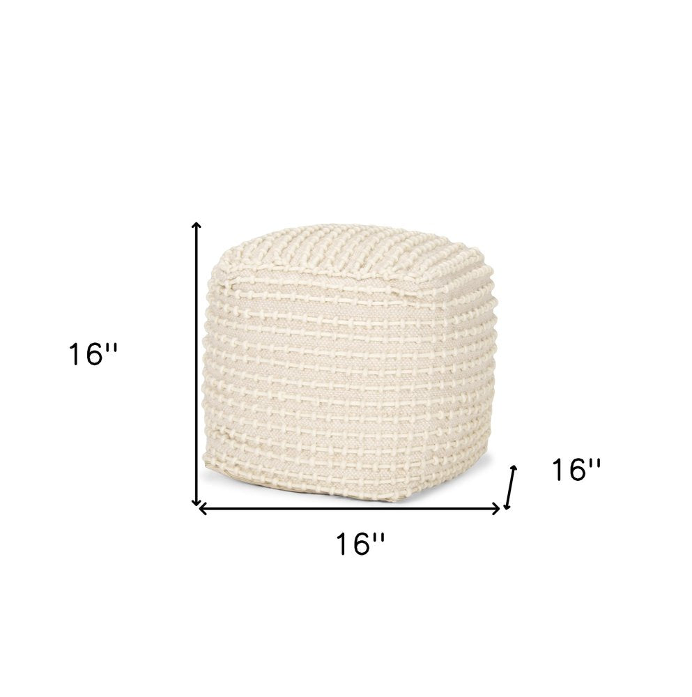 Beige and Cream Wool Striped Cube Pouf Ottoman - 16-inch
