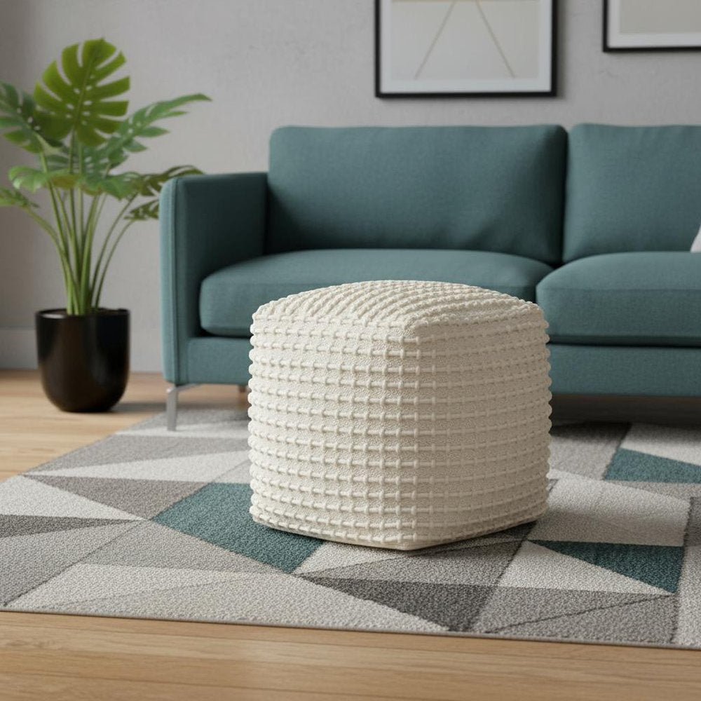 Beige and Cream Wool Striped Cube Pouf Ottoman - 16-inch
