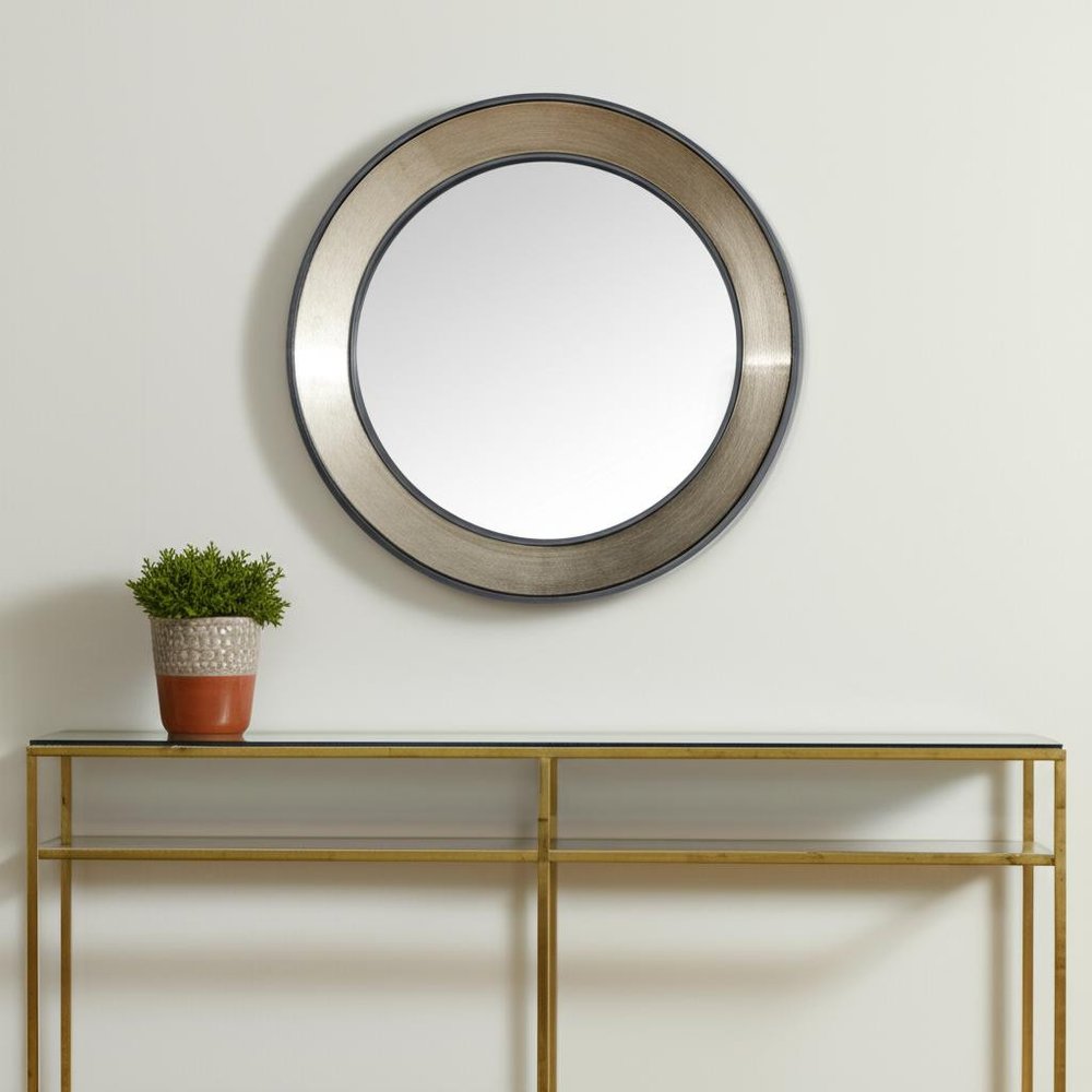Champagne and Dark Brown Metal and Solid Wood Round Framed Accent Mirror