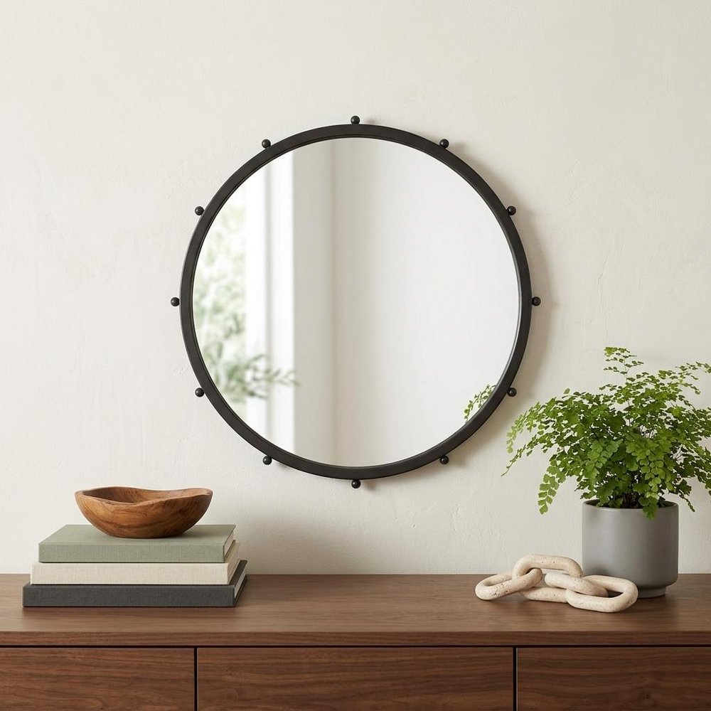 Black Metal Beaded Round Framed Accent Mirror - 25-inch