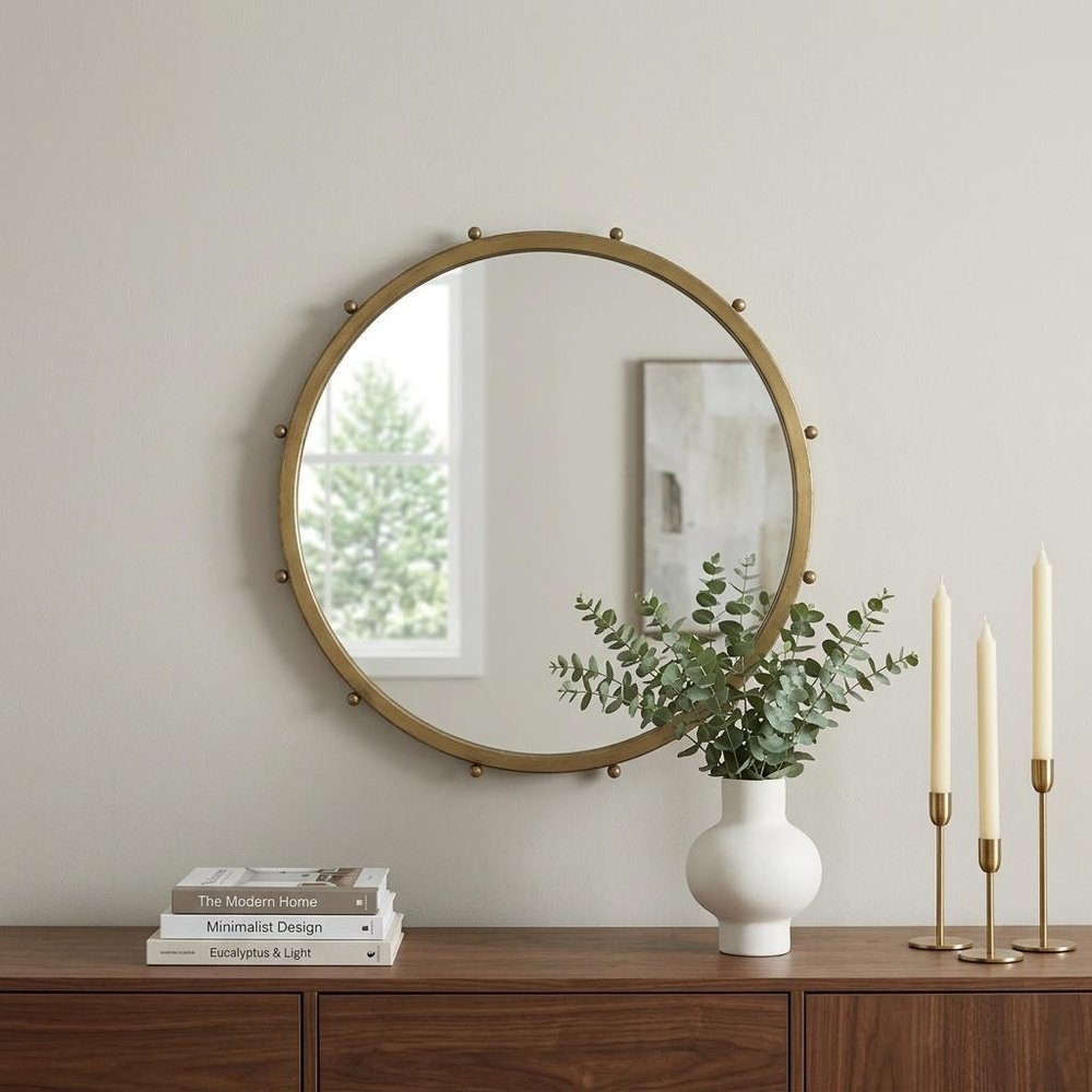 Gold Metal Beaded Round Framed Accent Mirror - 25-inch