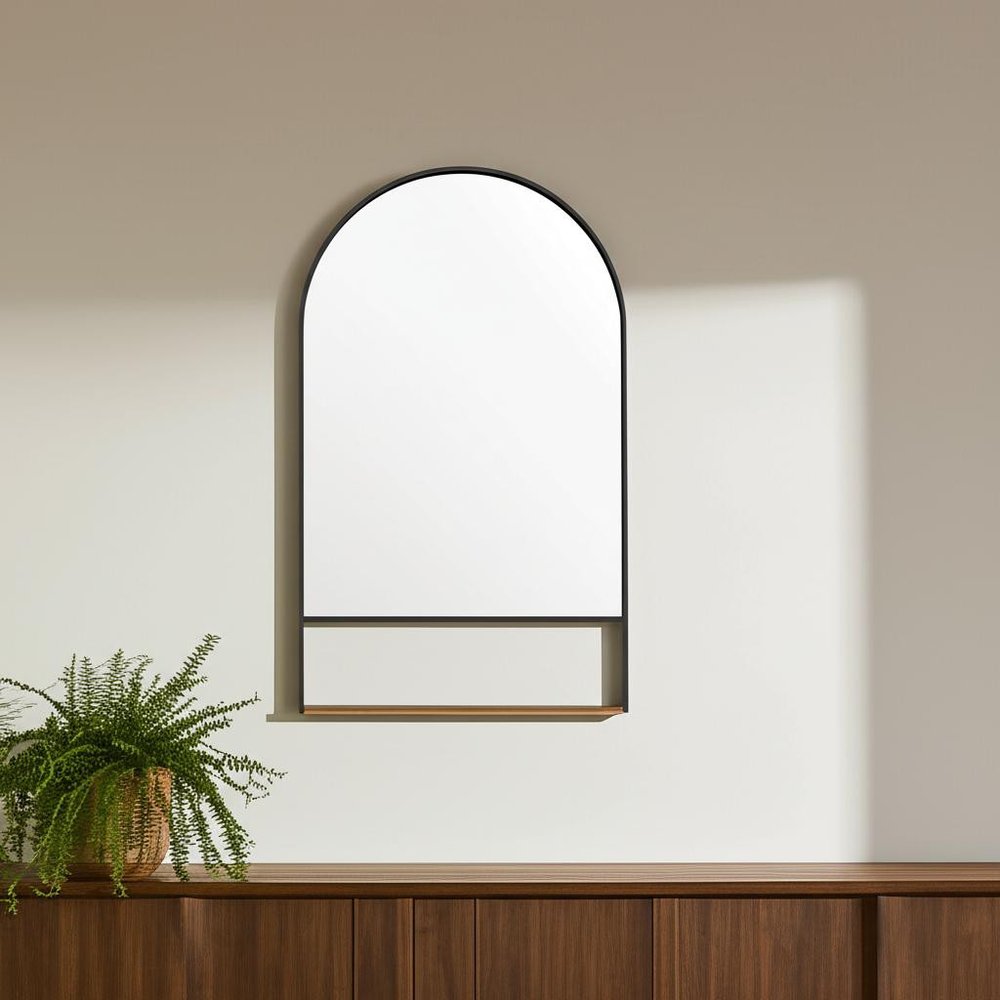 Black Metal Arch Framed Accent Mirror with Shelf - 40-inch