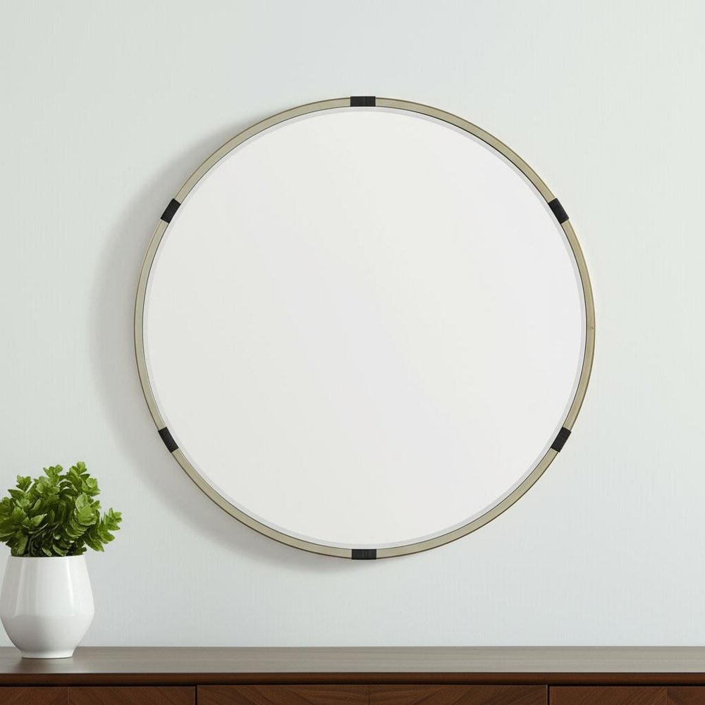 Gold and Black Metal Round Framed Accent Mirror - 29-inch