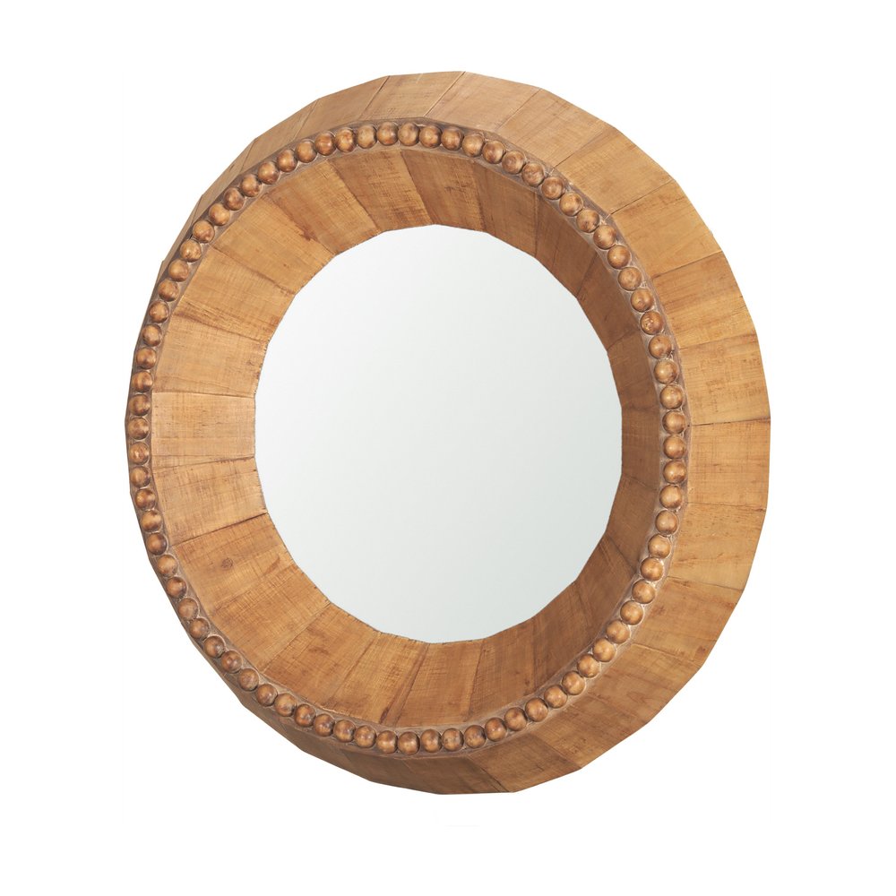 Brown Solid Wood Faceted and Beaded Round Framed Accent Mirror - 30-inch