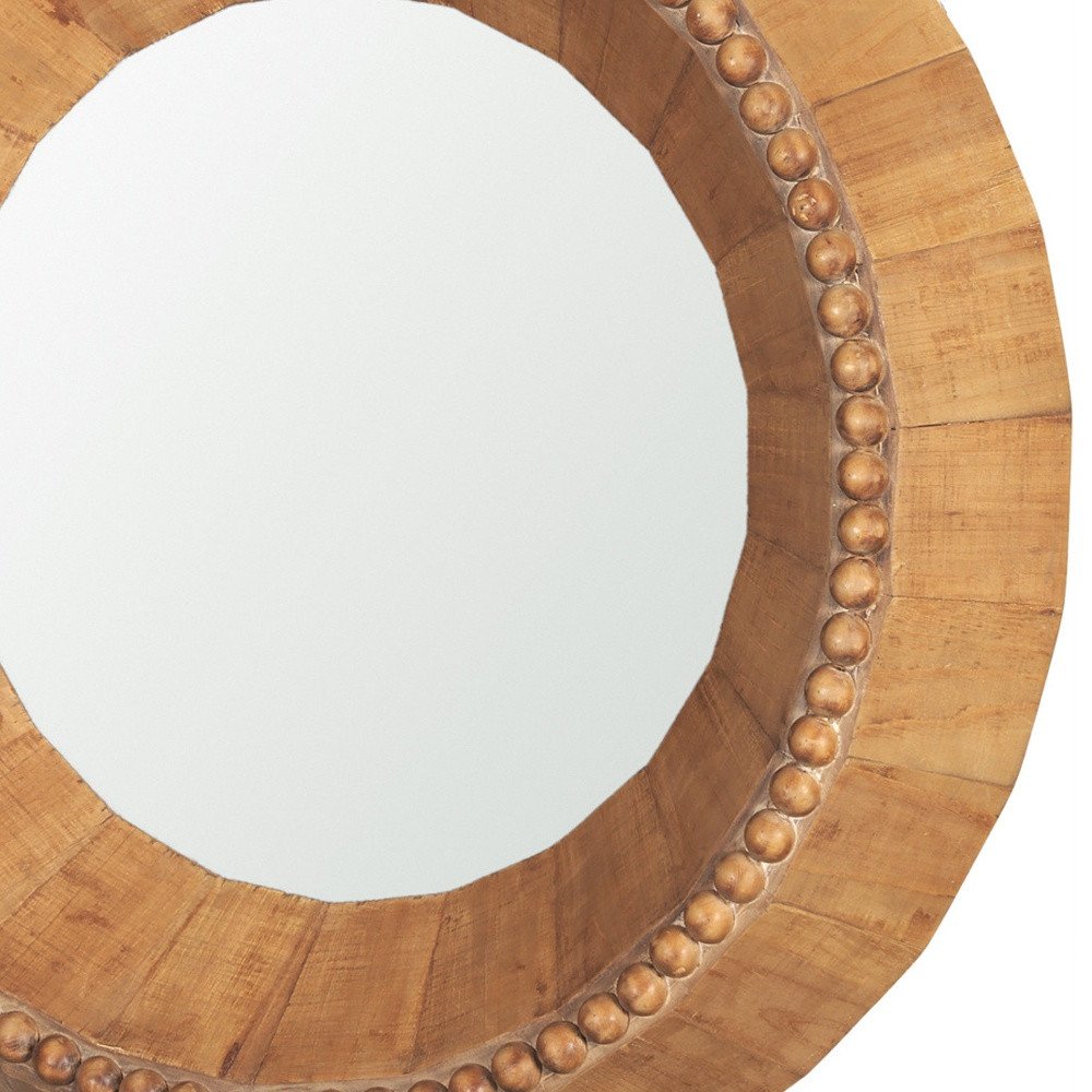 Brown Solid Wood Faceted and Beaded Round Framed Accent Mirror - 30-inch