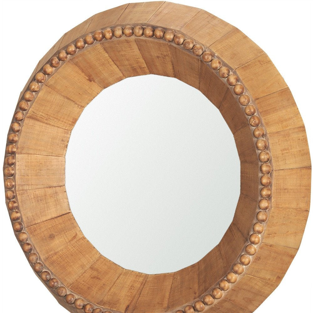 Brown Solid Wood Faceted and Beaded Round Framed Accent Mirror - 30-inch