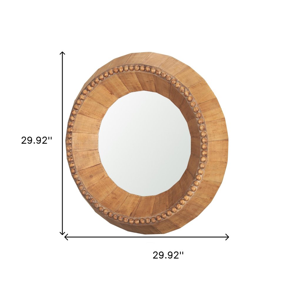 Brown Solid Wood Faceted and Beaded Round Framed Accent Mirror - 30-inch