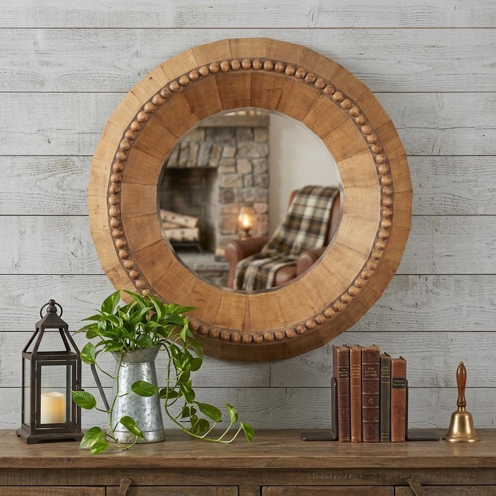Brown Solid Wood Faceted and Beaded Round Framed Accent Mirror - 30-inch