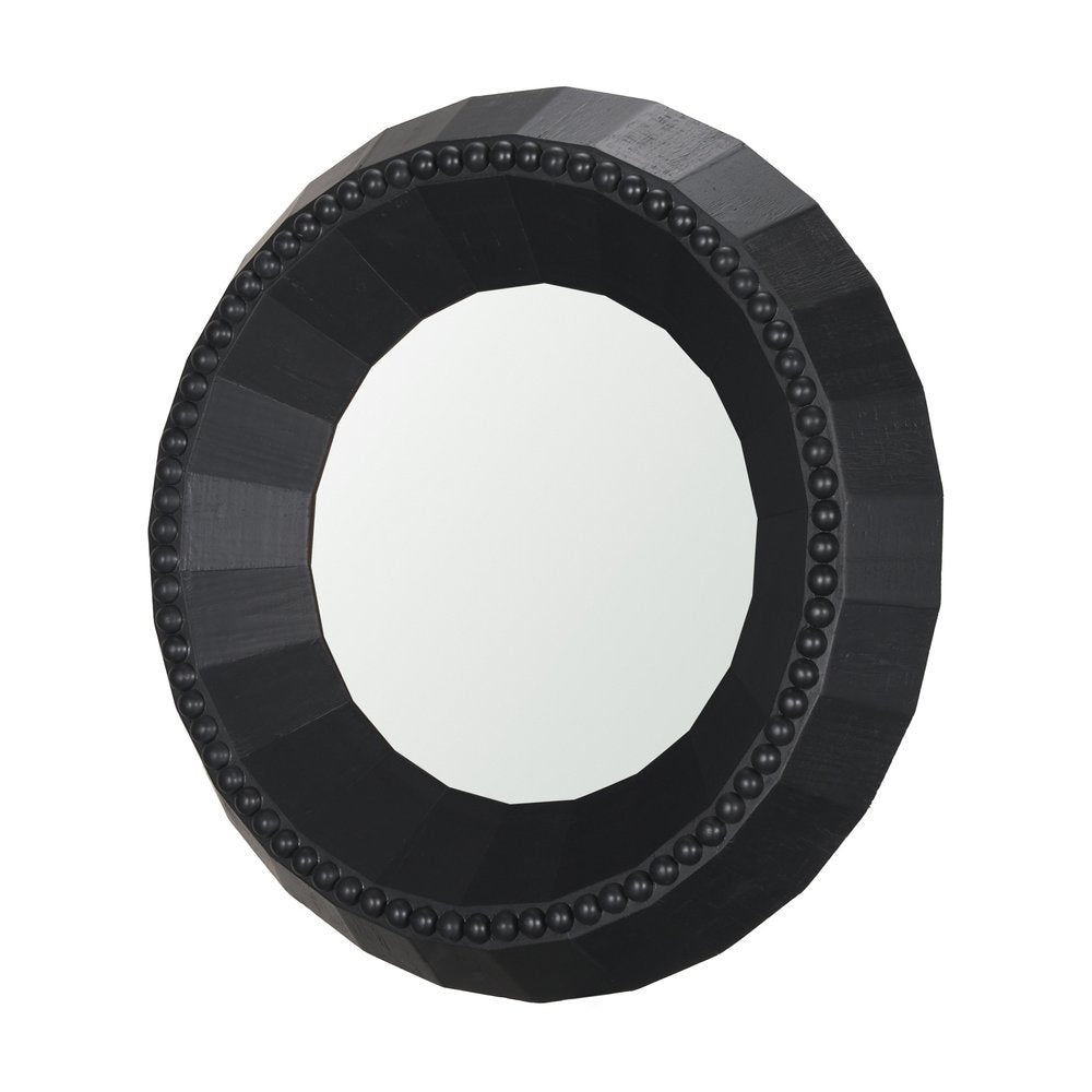 Black Solid Wood Faceted and Beaded Round Framed Accent Mirror - 30-inch
