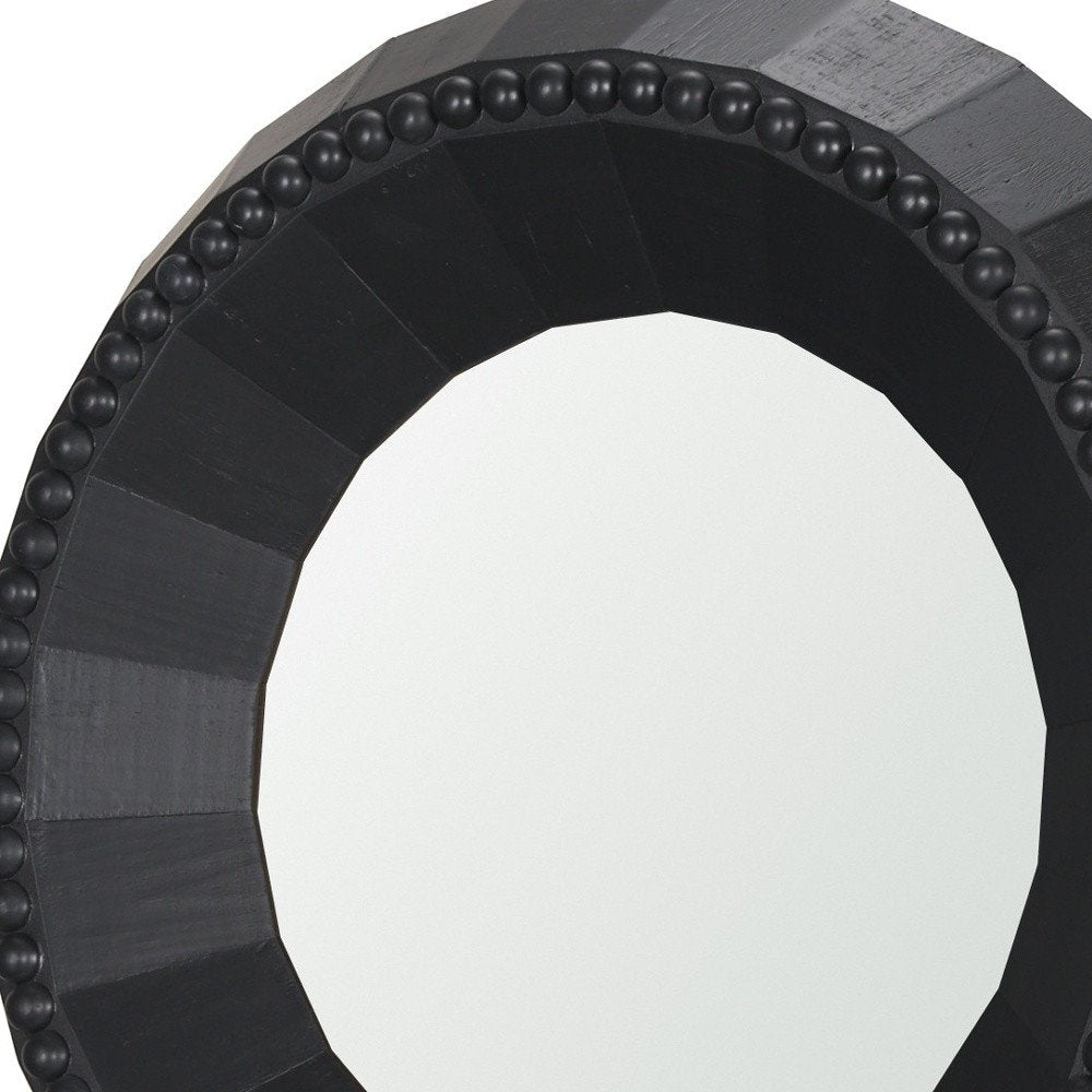 Black Solid Wood Faceted and Beaded Round Framed Accent Mirror - 30-inch