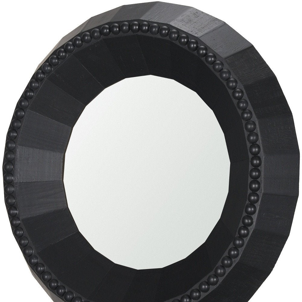 Black Solid Wood Faceted and Beaded Round Framed Accent Mirror - 30-inch
