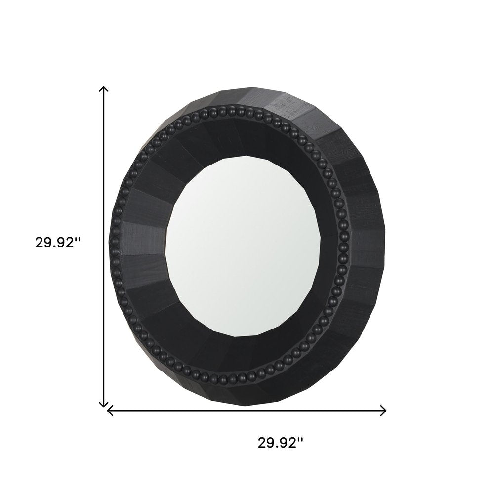 Black Solid Wood Faceted and Beaded Round Framed Accent Mirror - 30-inch