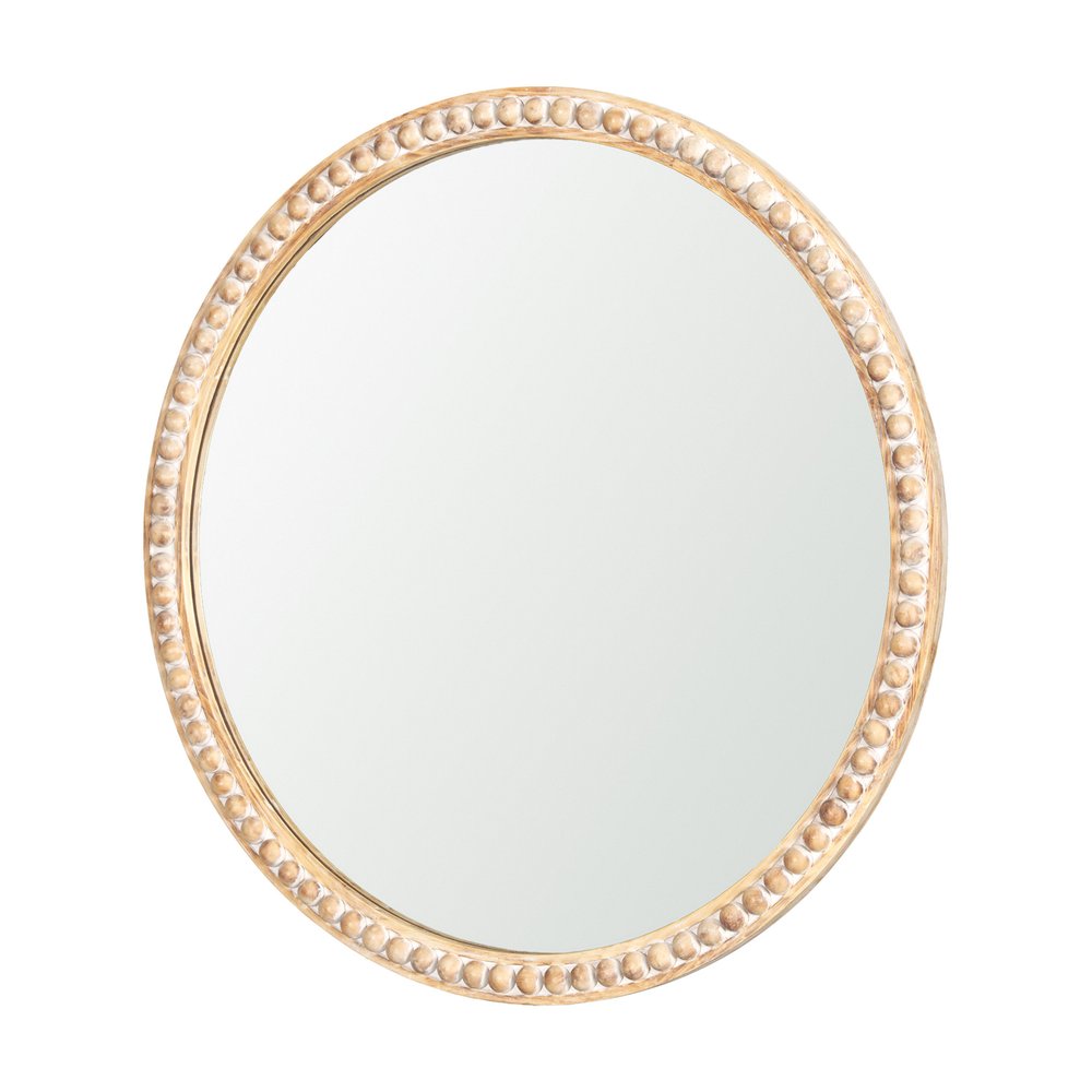 Natural Solid Wood Beaded Round Framed Accent Mirror - 30-inch