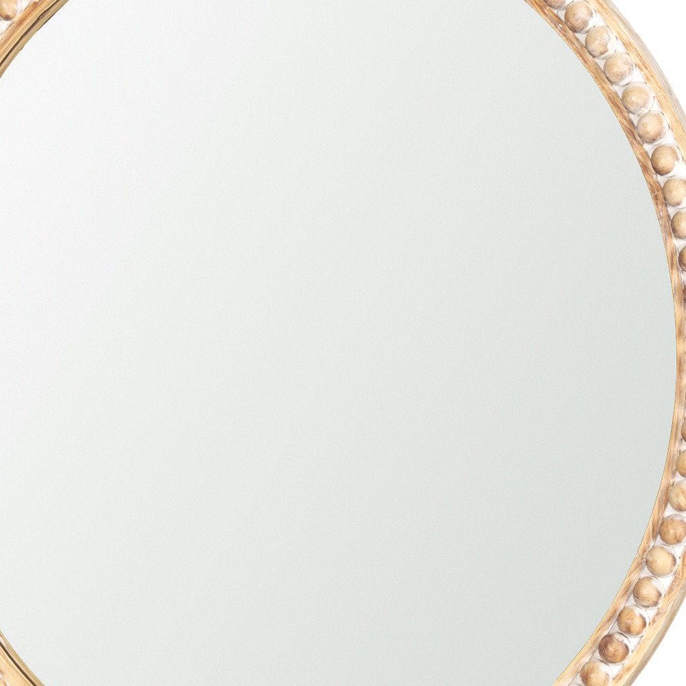 Natural Solid Wood Beaded Round Framed Accent Mirror - 30-inch