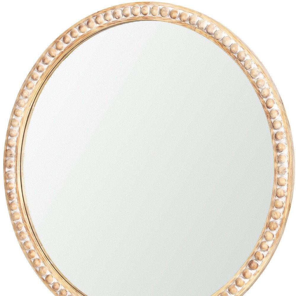 Natural Solid Wood Beaded Round Framed Accent Mirror - 30-inch