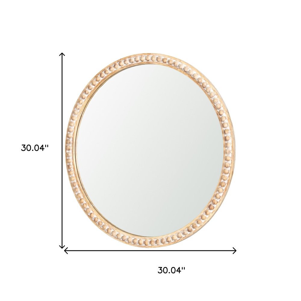 Natural Solid Wood Beaded Round Framed Accent Mirror - 30-inch