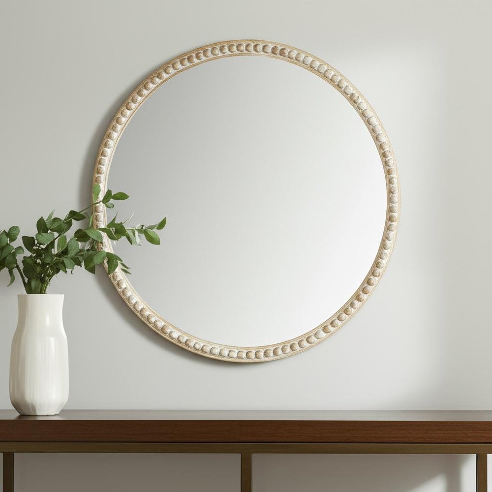 Natural Solid Wood Beaded Round Framed Accent Mirror - 30-inch