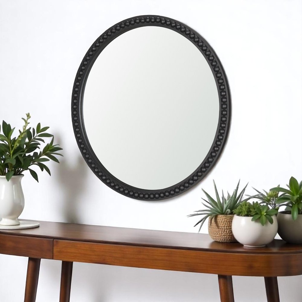 Black Solid Wood Beaded Round Framed Accent Mirror - 30-inch