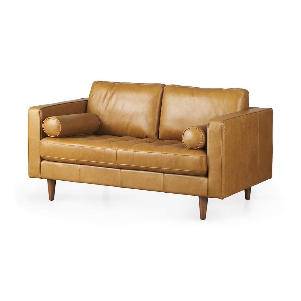 Tan Leather Sofa with Brown Legs - 65-inch