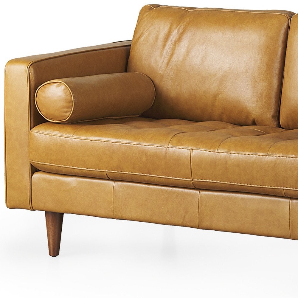 Tan Leather Sofa with Brown Legs - 65-inch