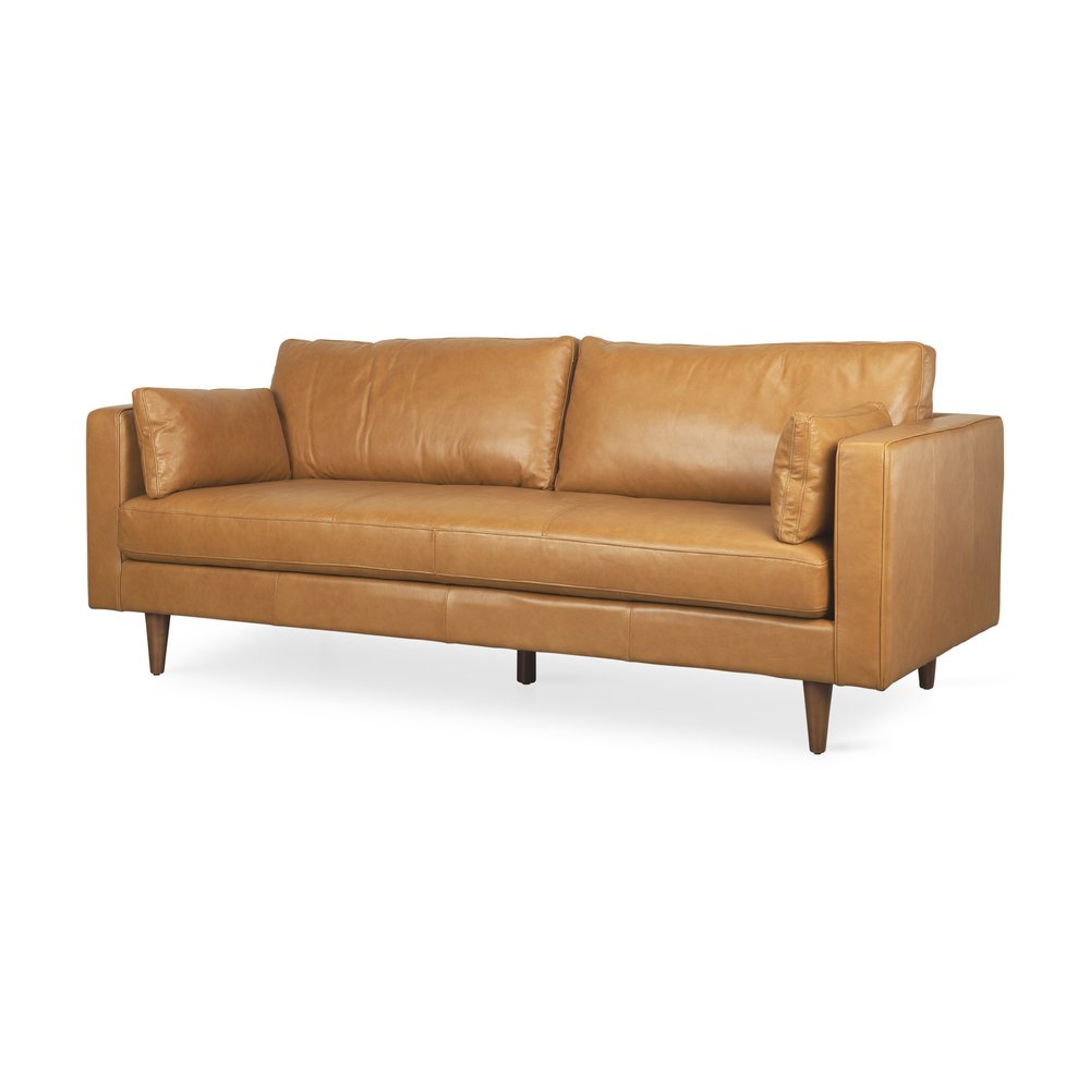 Tan Leather Sofa and Toss Pillows with Brown Legs - 88-inch