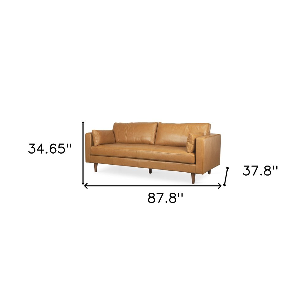 Tan Leather Sofa and Toss Pillows with Brown Legs - 88-inch