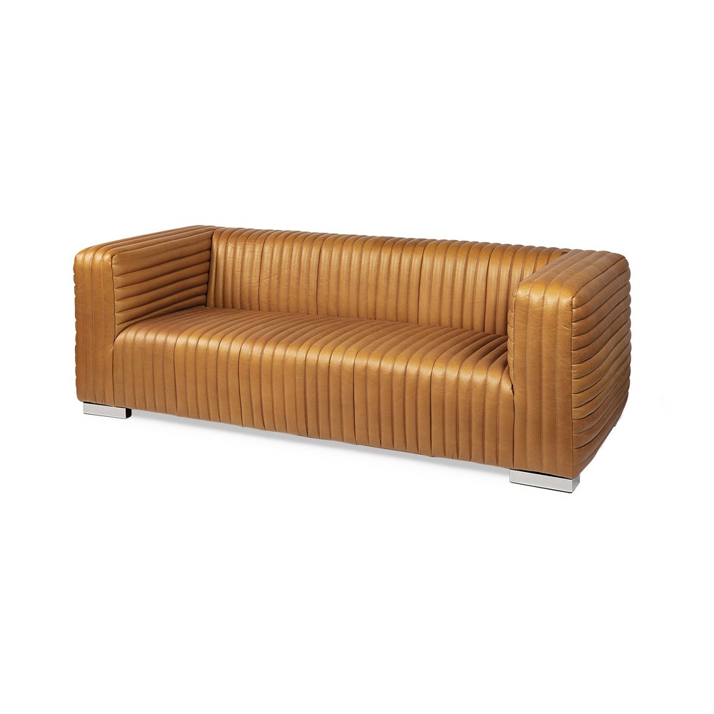 Brown Channel Tufted Leather Sofa - 83-inch