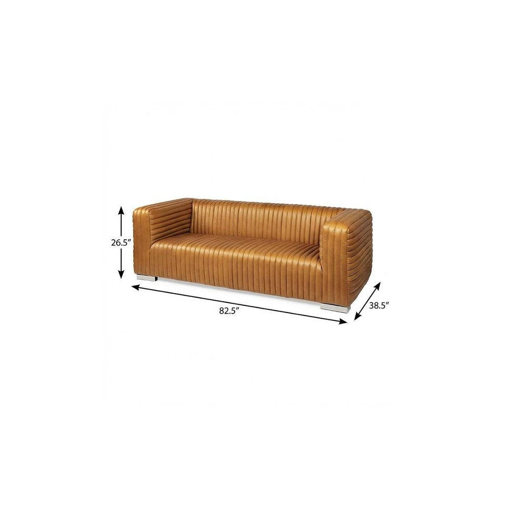 Brown Channel Tufted Leather Sofa - 83-inch