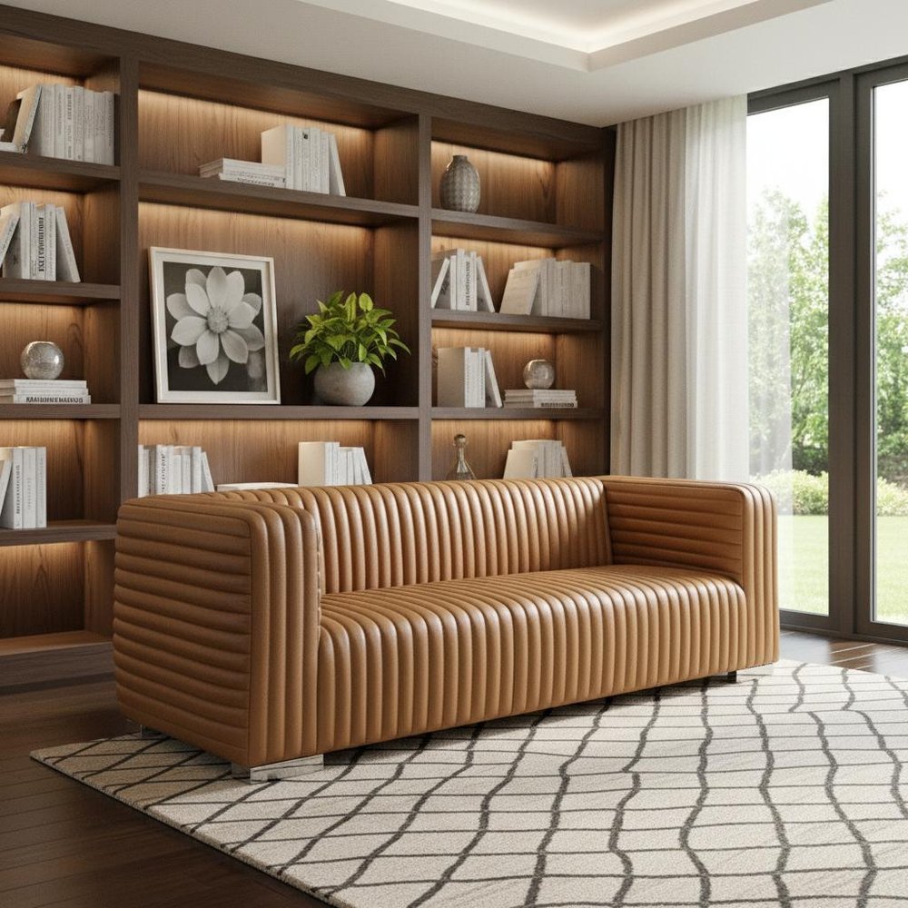 Brown Channel Tufted Leather Sofa - 83-inch