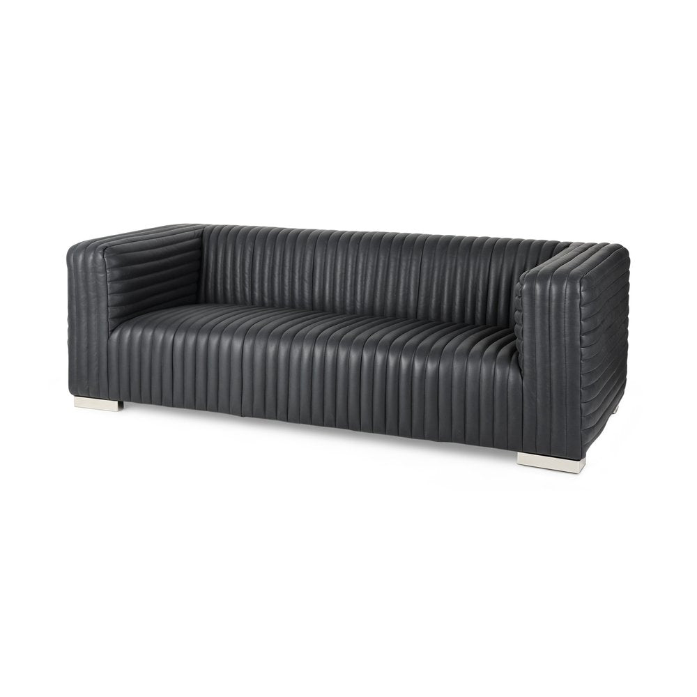 Black Leather Sofa with Silver Legs - 83-inch